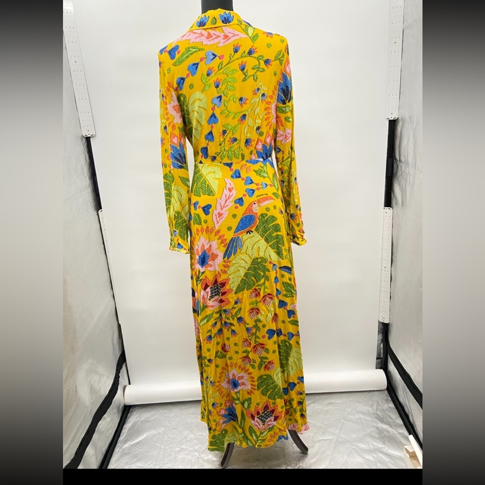 NWOT FARM Rio Summer Garden Maxi Yellow Plunging V-neck Long Sleeves dress Sz L - Picture 5 of 16
